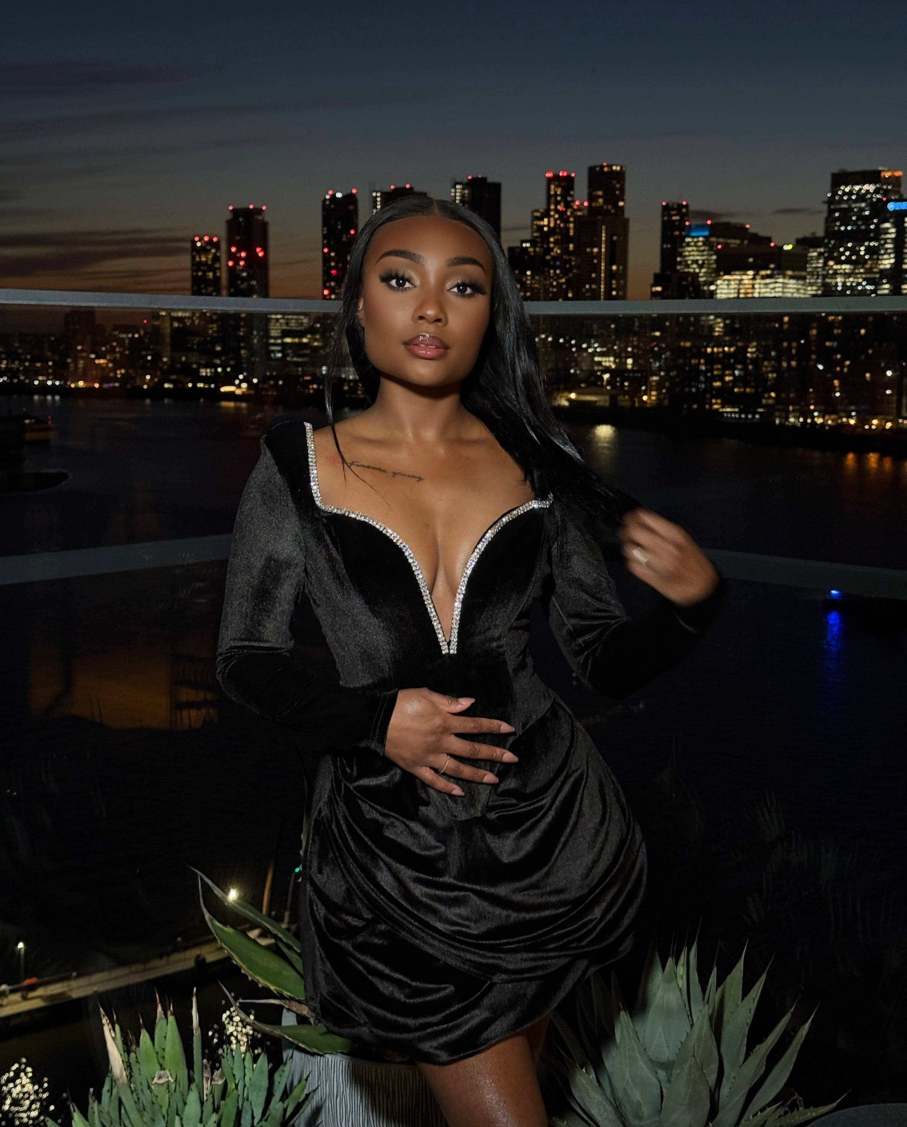 Penelope Black Diamante Mini Dress - DE NOIR