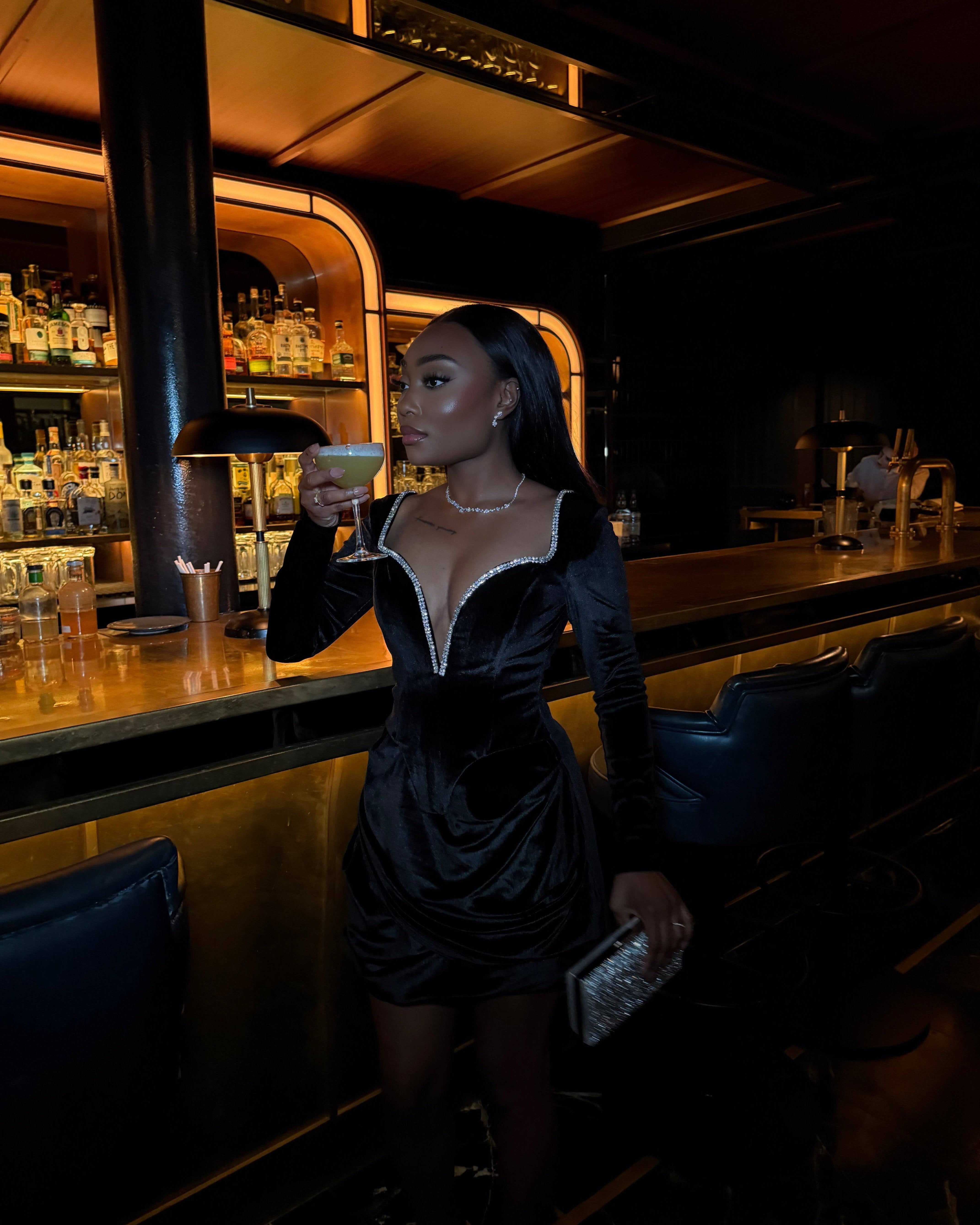 Penelope Black Diamante Mini Dress - DE NOIR