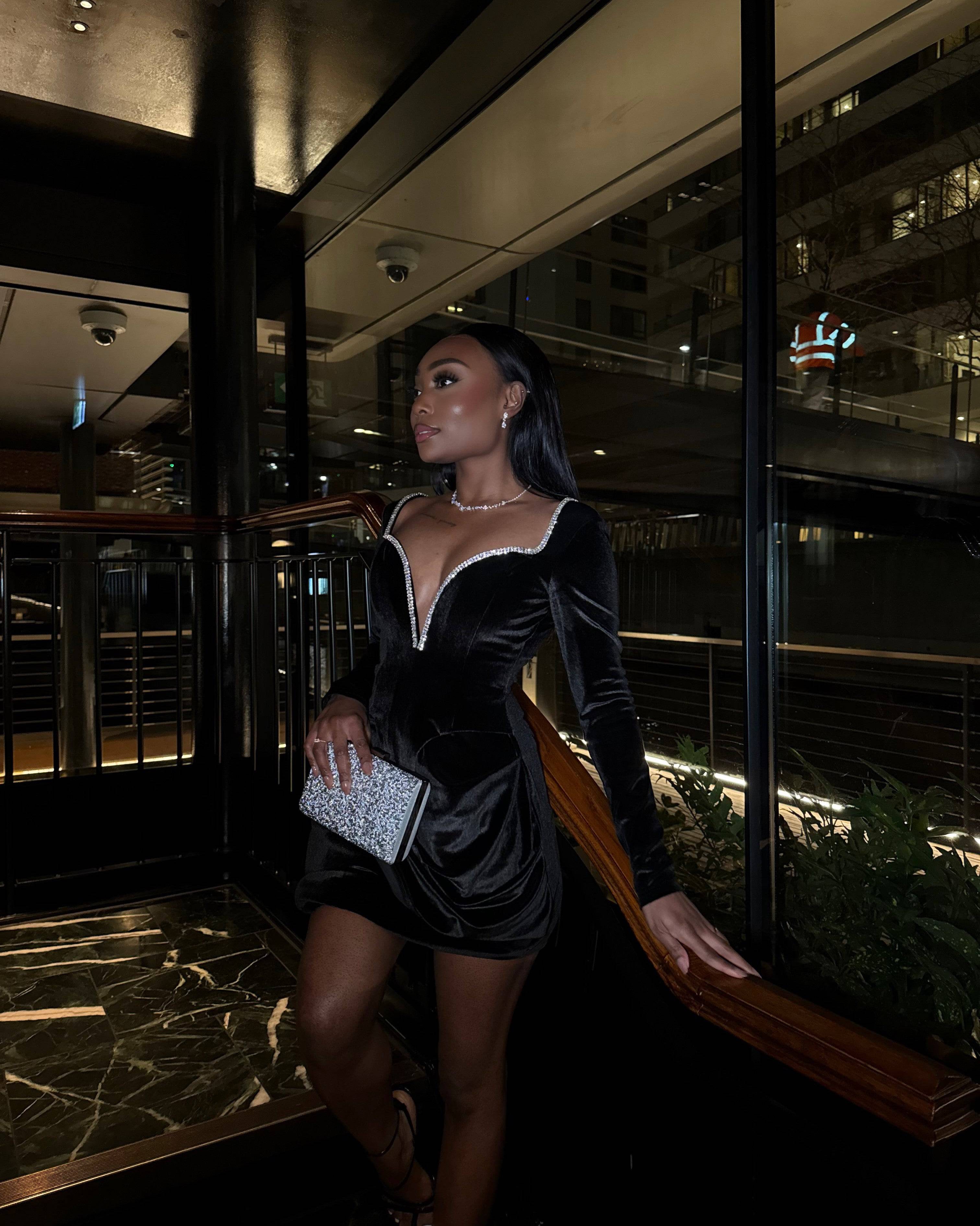 Penelope Black Diamante Mini Dress - DE NOIR