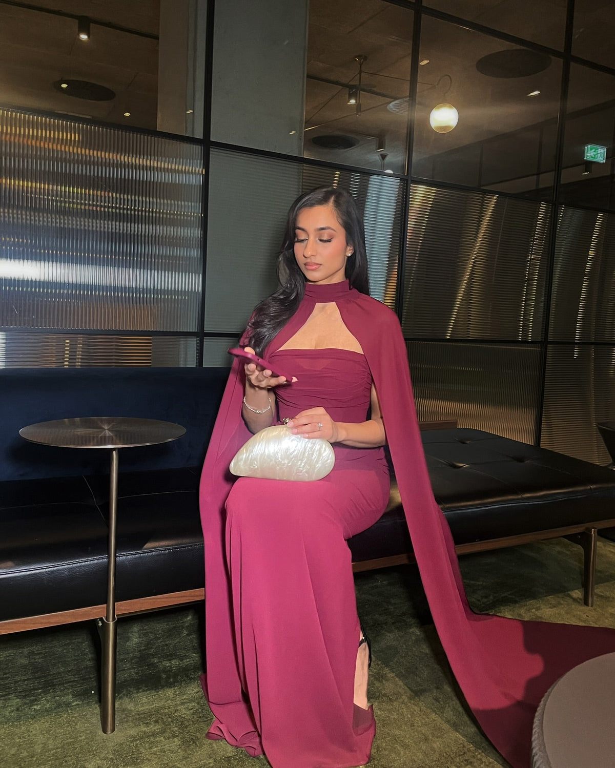 Burgundy maxi dress with a cape