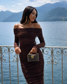 brown off shoulder maxi dress