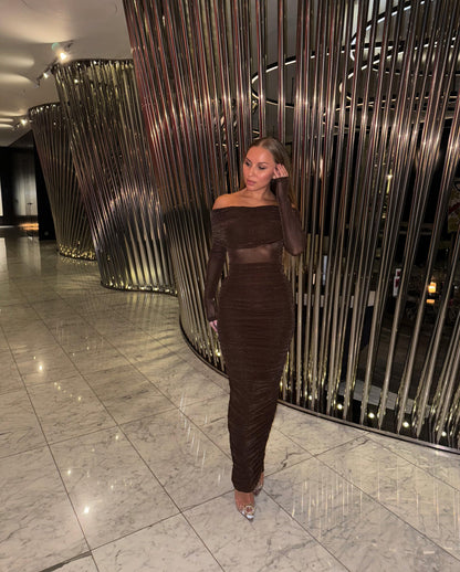 Nour Luxe Brown Glitter Maxi Dress