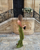 Charlotte Olive Maxi Dress side view showing bardot neckline - DE NOIR London