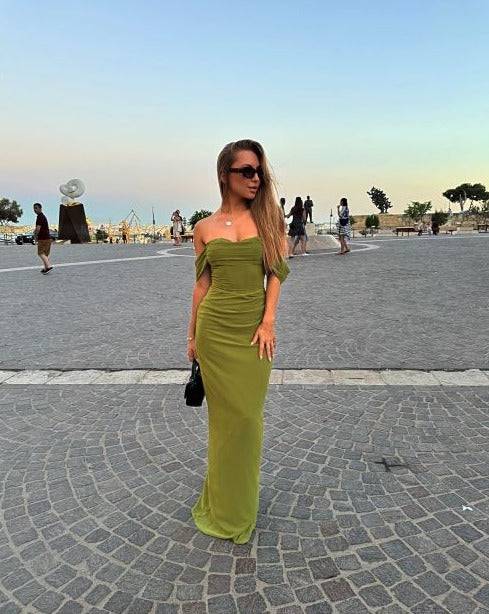 Green chiffon corset maxi dress full length - occasion wear DE NOIR