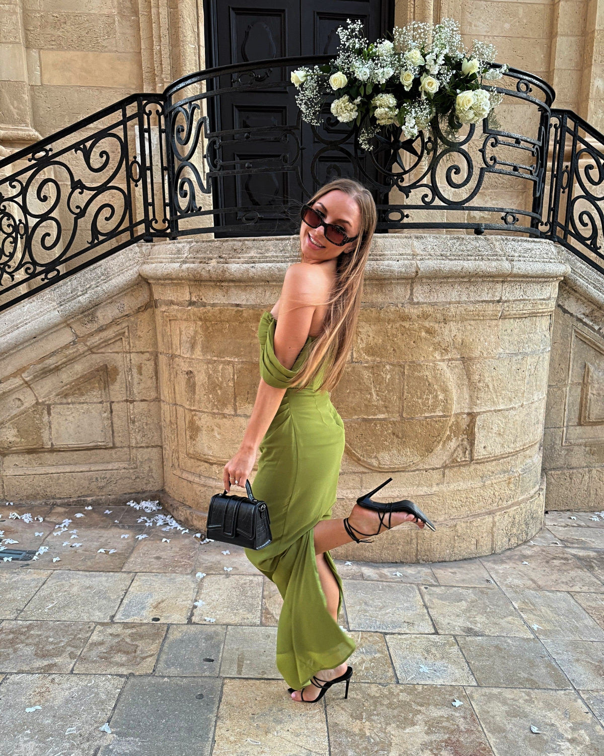  Charlotte Olive Maxi Dress side view showing bardot neckline - DE NOIR London