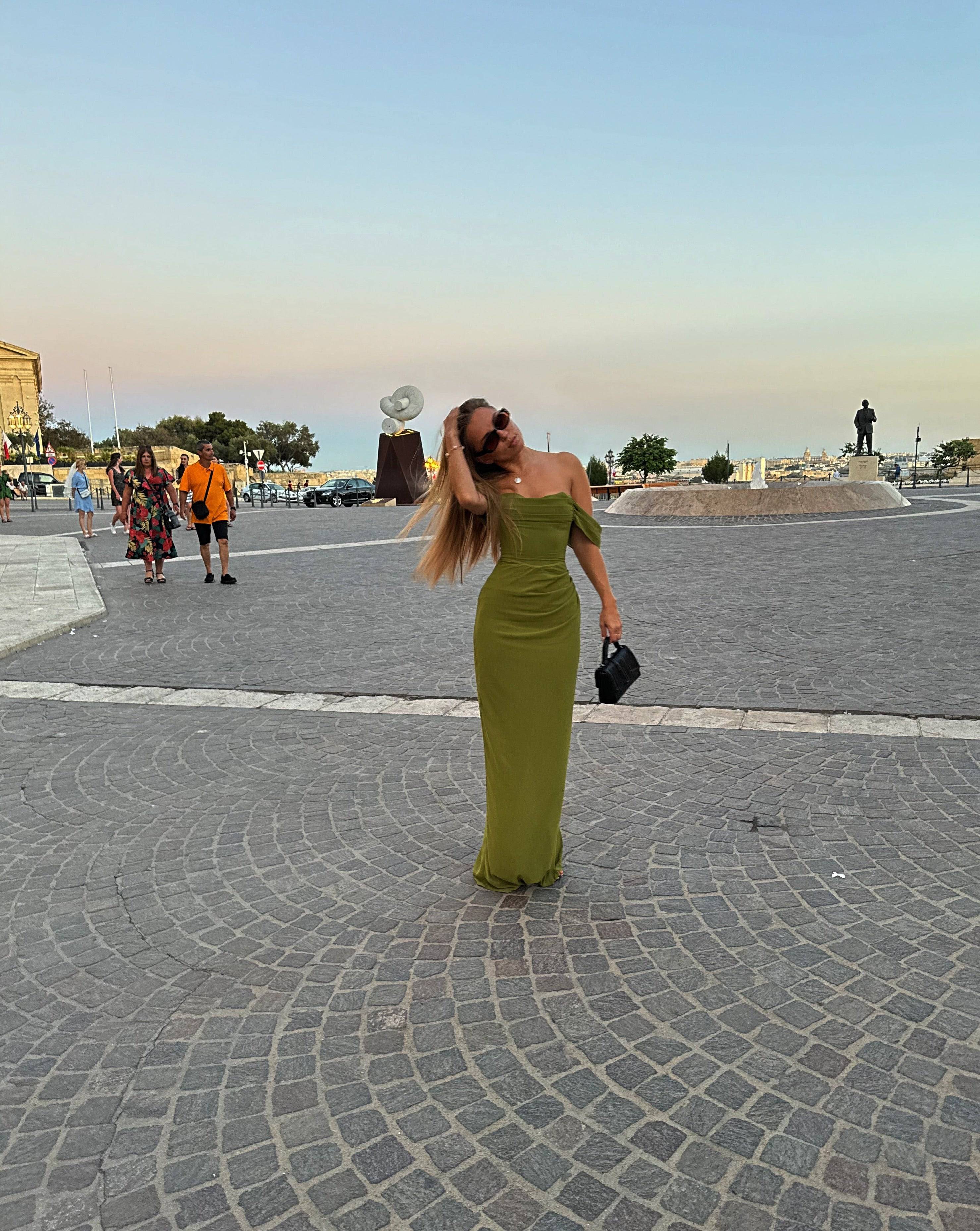 Charlotte Olive Maxi Dress  showing bardot neckline - DE NOIR London