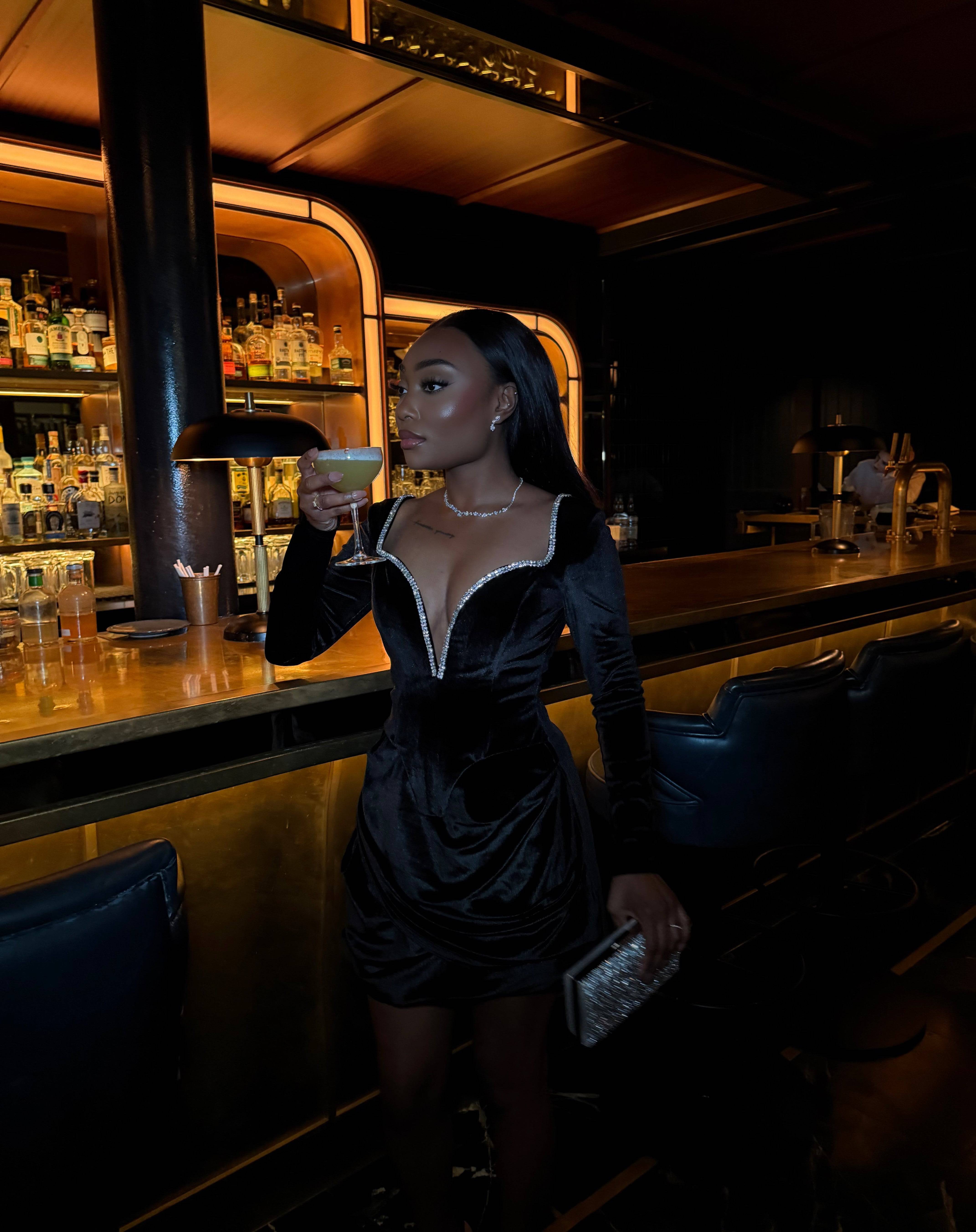 Penelope Black Diamante Mini Dress - DE NOIR 