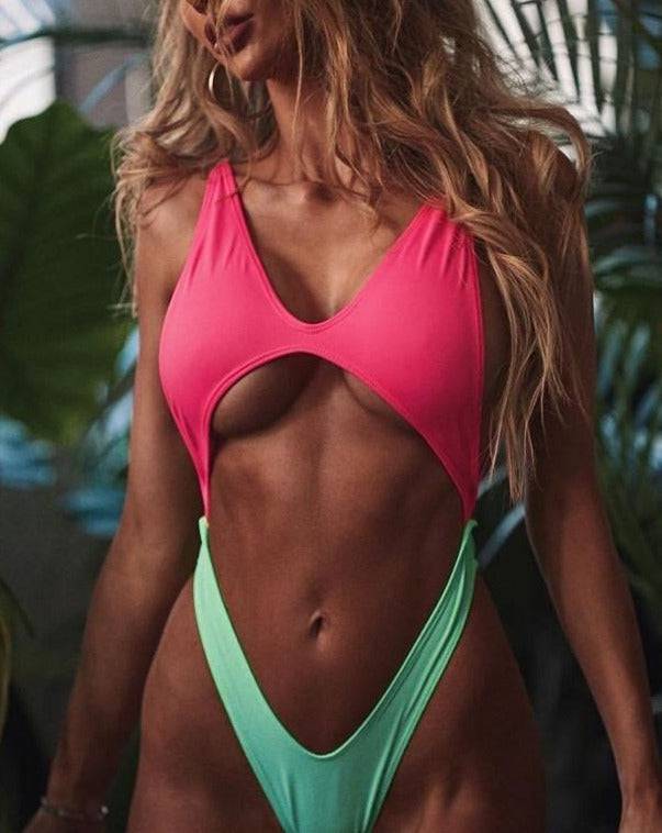 Cut-out Swimsuit Lime & Pink